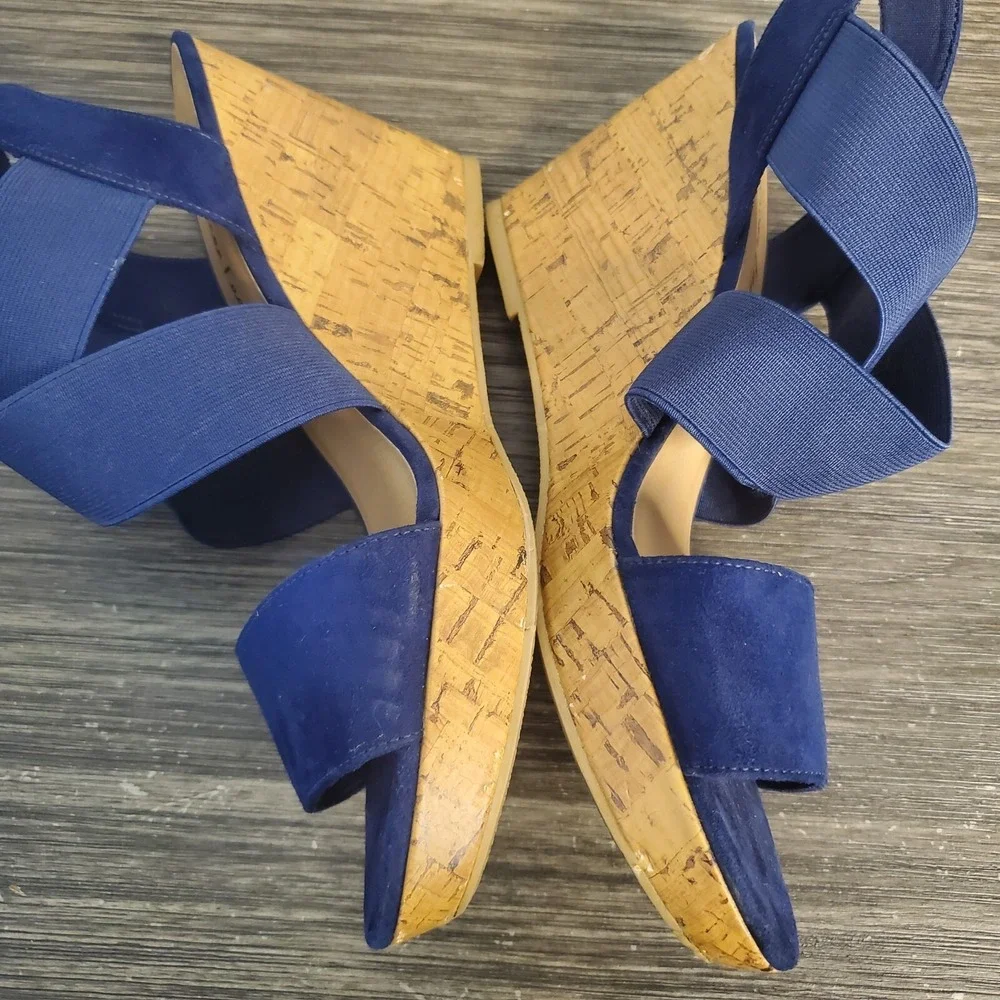 American Eagle Women's Ryan Wedge Sandals Navy Blue Cork Heel Straps‎ Size 9.5